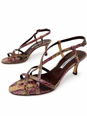 Manolo Blahnik Python Strappy Sandals Slingback Heels Womens Size EU 37.5